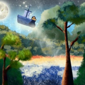 Image of a ship flying to the moon over a forest.
